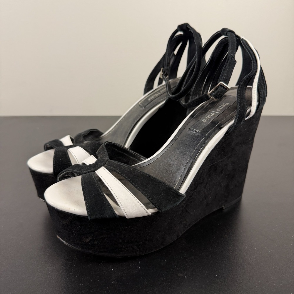 White House Black Market Platform Heels Womens 8M Black Suede Peep Toe Career